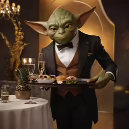 a man in a tuxedo holding a tray of food