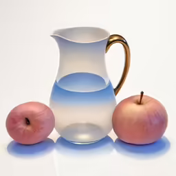 a white pitcher with a gold handle and two red apples