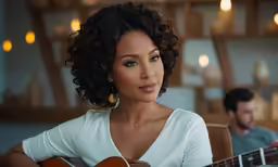 a woman with her guitar in her lap is sitting in a room