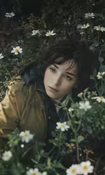 a woman sitting in the middle of a field of daisies