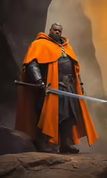 a man wearing an orange cape holds a sword