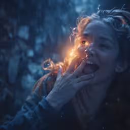 a girl screaming while holding up a lit fireball