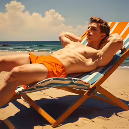 a man lounging on a beach in his bathing suit,a man on a beach wearing an orange bathing suit