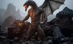 a demon with orange eyes in a rocky, scary landscape