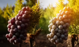 two white grapes hanging from trees are in the sun