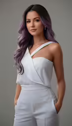 a woman with long, curly hair wearing an one shoulder jumpsuit