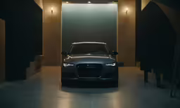 a modern car is seen in a dimly lit building