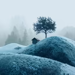 the house is located among a tree and snow - covered mountain