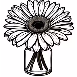 a sunflower is in a glass vase with black and white lines,a large flower in a mason jar on top of a table