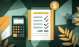 an illustration of financial paper and calculator next to a plant with money