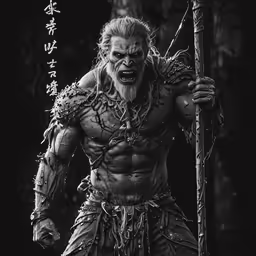 the demonic creature warrior is walking through a forest