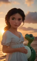 a woman holds a baby dragon in front of a body of water
