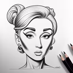 a pencil drawing of a female head,a drawing of a woman