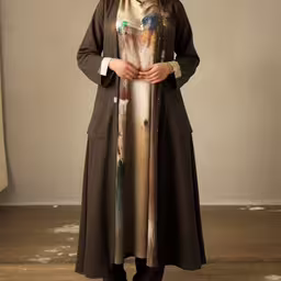 this woman is wearing a long brown coat and hat