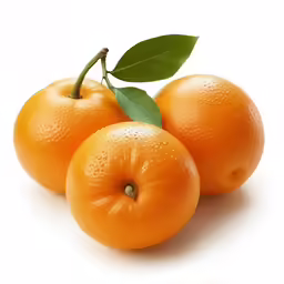 three oranges with green leaf on white background