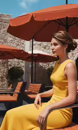 a woman sitting under an umbrella looking at the ground