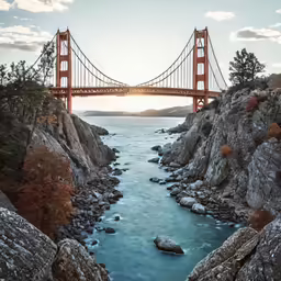a bridge spanning a river between rocky mountains and rocks