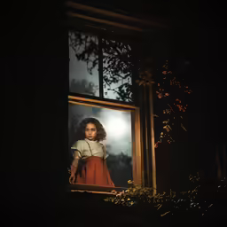 a girl stands near a window with her hand on the frame