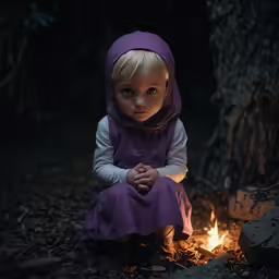 a toddler in a purple costume sits in front of a campfire