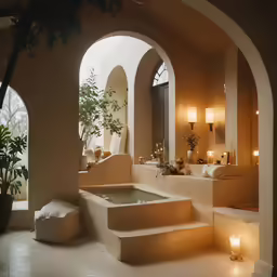 an indoor bathtub and steps are seen in this photograph