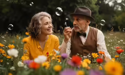 a woman and an old man sitting in a field of flowers