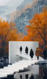 people walking around a sculpture in front of a forest