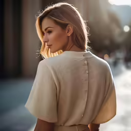 a woman with blonde hair and a tan cape walking down the street