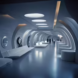 a long hallway with white fixtures and round lights