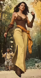 a woman in brown is running down the street