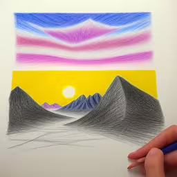 a drawing of mountains and a sunset on paper