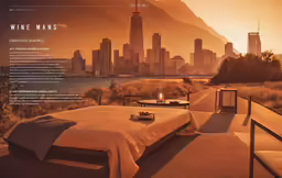 the advertisement features a bed in a desert setting with a view of a skyline