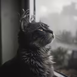 a gray cat looks out the window of an apartment