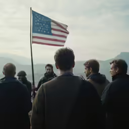 some people and an american flag at the top of a hill