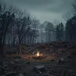 a dark forest scene with a campfire in the middle of the ground