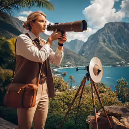 a woman holding a camera looking through binoculars into the sky