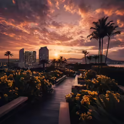 a beautiful sunrise with palm trees, yellow flowers and benches