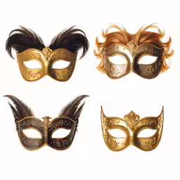 three different colored masks with long feathers