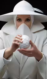 the woman in white is holding a white object