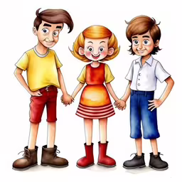 three kids standing on the white background holding hands,a drawing of three children in different ages