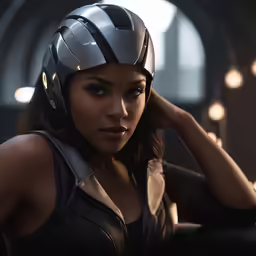 a girl in a motorcycle helmet standing near a large arch