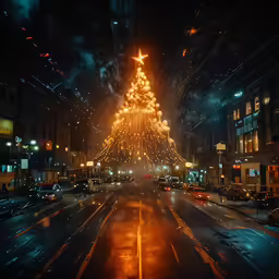 a street scene at night with a christmas tree lit up