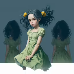 a little girl posing in front of two girls, wearing green dresses