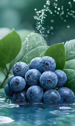 blueberries with drops of water on them sit next to green leaves