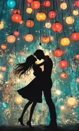 two people dance in front of colorful balloons