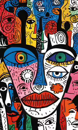 the colorful face of an artist with eyes and lips