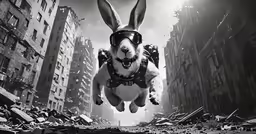 a bunny is flying through a city with another bunny