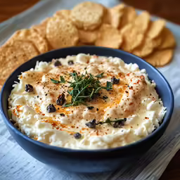 a bowl of mashed potatoes, crackers and a napkin