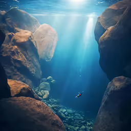 an underwater scene with the sun peeking out through the rocks