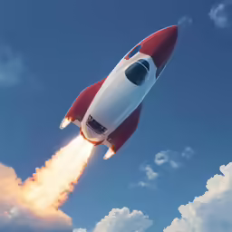 a large rocket flying through a blue cloudy sky