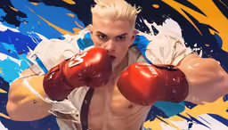the man is wearing boxing gloves and pointing his finger at the camera